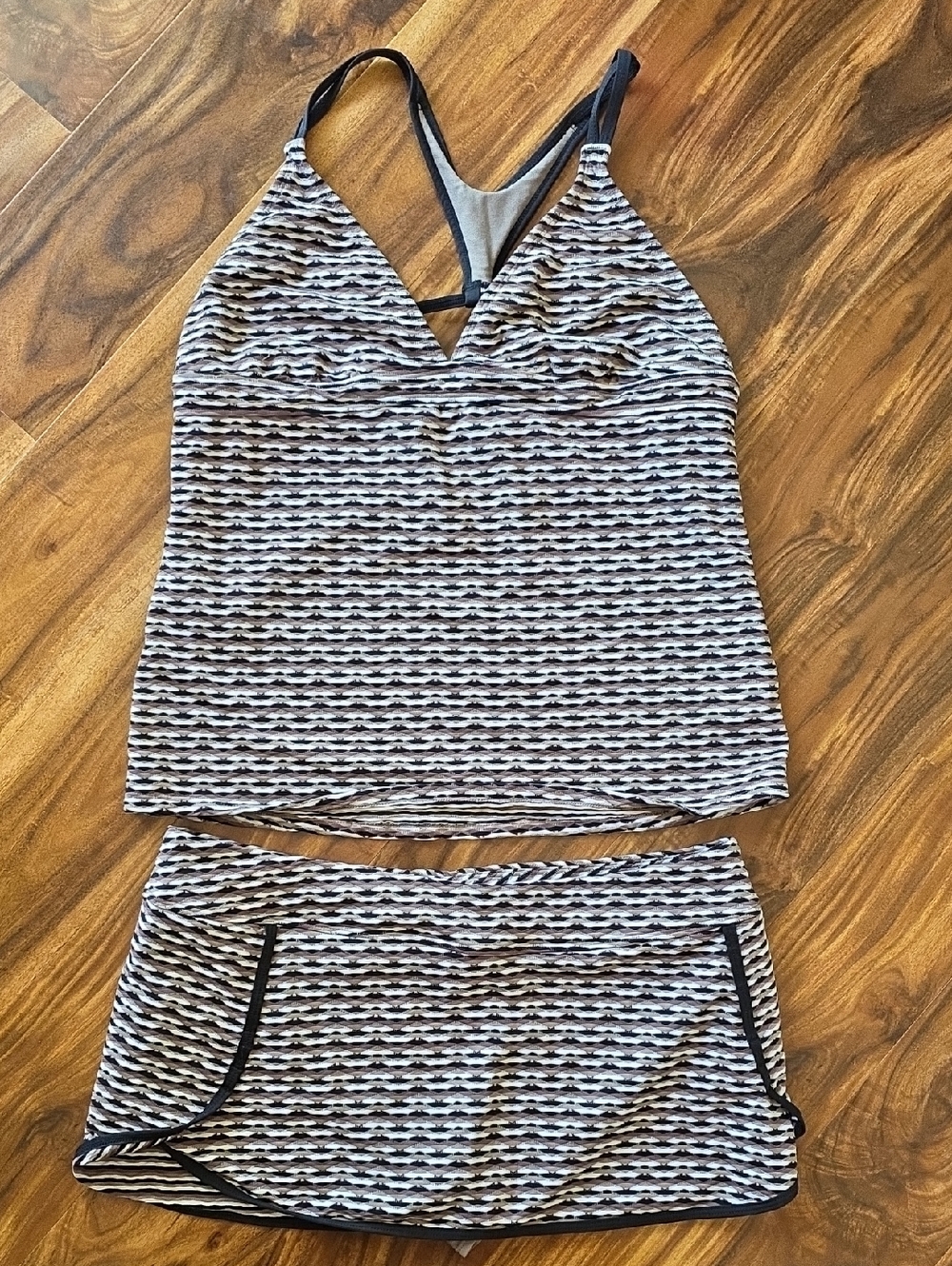 Athleta Beige & Black Striped Swim Set